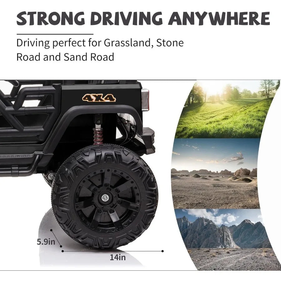 Black 48.4 Large Ride On Car for Battery Powered Electric Car with 2 Seats Remote Control 14 Large Suspension Wheels LED Lights